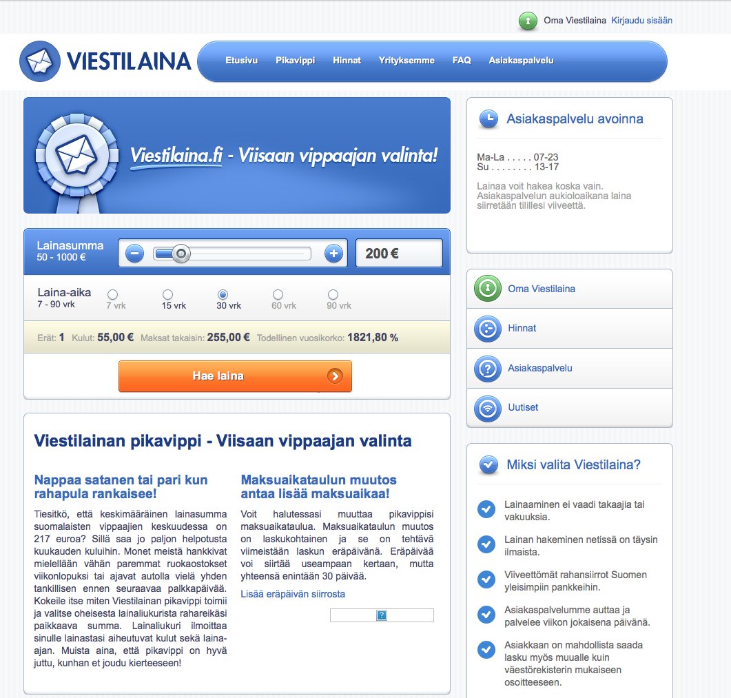 Viestilaina.fi 50 – 500€ vipit yli 18v